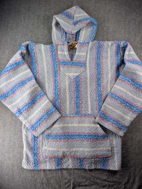 Baja Joe Mexican Baja Hoodie XXL Blue Pink Striped Woven Boho Surfer Pullover